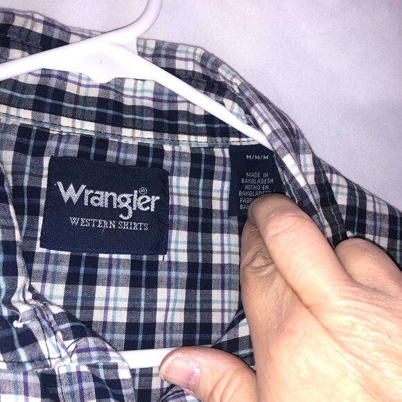 Wrangler Pearl Snap Button Down Blue Plaid Wrancher Short Sleeve Vintage Shirt - Picture 3 of 4